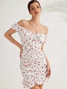 Femmeiva Women's Elegant French Heart Print Off Shoulder Ruched Glossy Satin Short Dress,White And Red Summer Boho Vacation Fashionable Picnic Waist Fitting - White - View 3