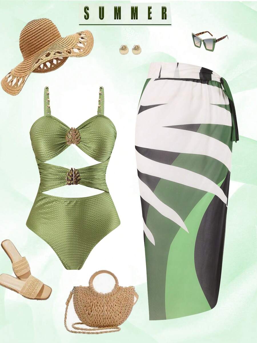 SHEIN Swim Curve Große Größen Badeanzug & Strandrock Set, mehrfarbiger Blume Muster mit Metallakzenten, minimalistischer Alltags- und Strandoutfit für Frauen, Sommerurlaubs-Kleidungsset