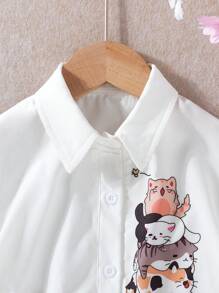 年轻女孩休闲可爱蝴蝶结和猫咪印花衬衫，适合节日、派对、夏季 - 白色 - 查看 3