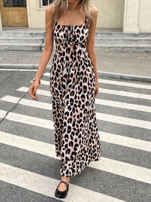 SHEIN Frenchy Women's Leopard Print Front Tie Sleeveless Dress Summer Cheetah Casual - Multicolor - View 6
