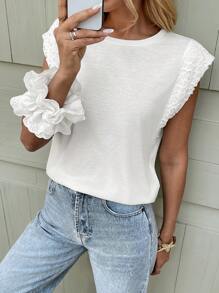 SHEIN Frenchy Plus Size Casual Versatile Minimalist Solid Color Flower Embroidery T-Shirt Summer White - White - View 4