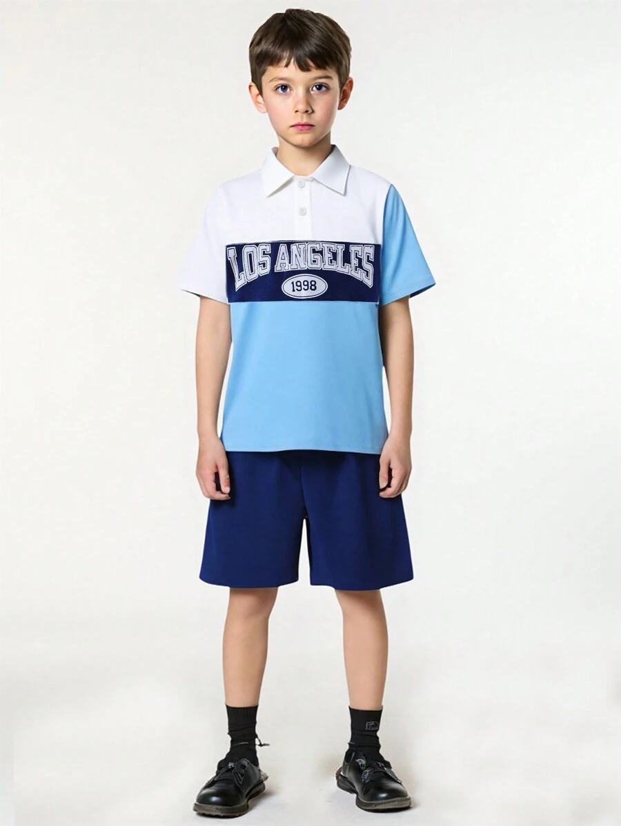 SHEIN 2pcs/Set Tween Boy Color Block Energetic Outfit Short Sleeve T-Shirt And Shorts Set, Suitable For Family Gatherings Or Outdoor Activities, Adding A Highlight To The Child - Multicolor - View 1