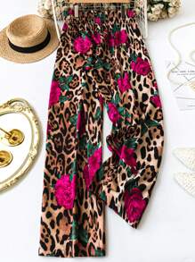 SHEIN LUNE Plus Size Women's Valentine Leopard Print Floral Print Summer High Waist Loose Casual Pants Casual Pants, Old Money Going Out Pants - Multicolor - View 3