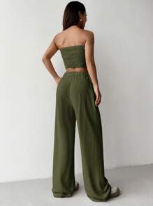 SHEIN EZwear 2pcs/Set Women Casual Solid Color Bandeau Top And Long Pants - Green - View 2