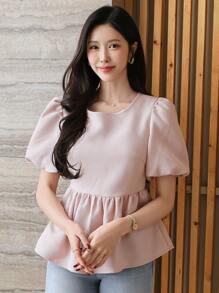 DAZY Women's Casual Solid Color Puff Sleeve Blouse, Summer,Babydoll Top - Pink - View 5