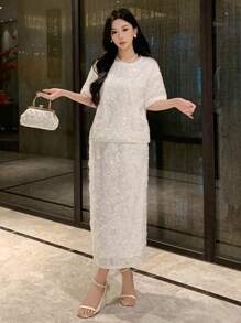 DAZY 2pcs Glitter Loose T-Shirt And Skirt Set For Women