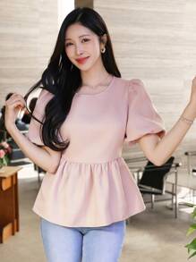 DAZY Women's Casual Solid Color Puff Sleeve Blouse, Summer,Babydoll Top - Pink - View 4