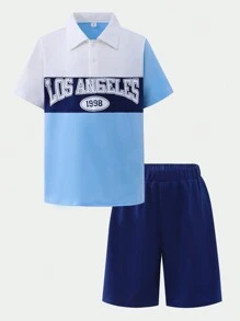 SHEIN 2pcs/Set Tween Boy Color Block Energetic Outfit Short Sleeve T-Shirt And Shorts Set, Suitable For Family Gatherings Or Outdoor Activities, Adding A Highlight To The Child - Multicolor - View 3