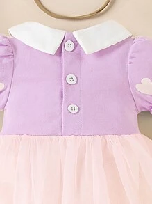 SHEIN Princess Style Dress Set For Toddler Girls, Includes Collar Heart Print Short Sleeve Romper, Tulle Overlay, Bow Headband, Fashion Cute Party Outfit - Purple - View 3