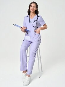 Scrubzie 2pcs V-Neck Wrinkle-Resistant Contrast Color Women Healthcare Scrub Uniform Top And Pants Set Scrub Sets For Women - Mauve Purple - View 4