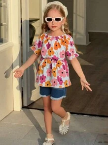 2 件套年轻女孩休闲露肩短袖印花上衣 + 牛仔效果短裤套装，春季服装，春夏