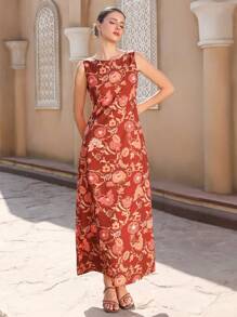 GENKIRA 女式露背花卉印花连衣裙，适合度假波西米亚风时尚风格全身印花，适合夏季春秋季 - 彩色 - 查看 3