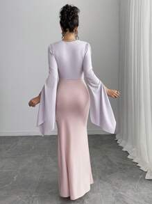 Chiquease Contrast Color Block Fitted Round Neck Draped Bust Extra Long Sleeve Split Cuff Maxi A-Line Hem Elegant Luxurious Sexy Dress, Suitable For Holiday Party Wedding Spring Autumn - Pink - View 2