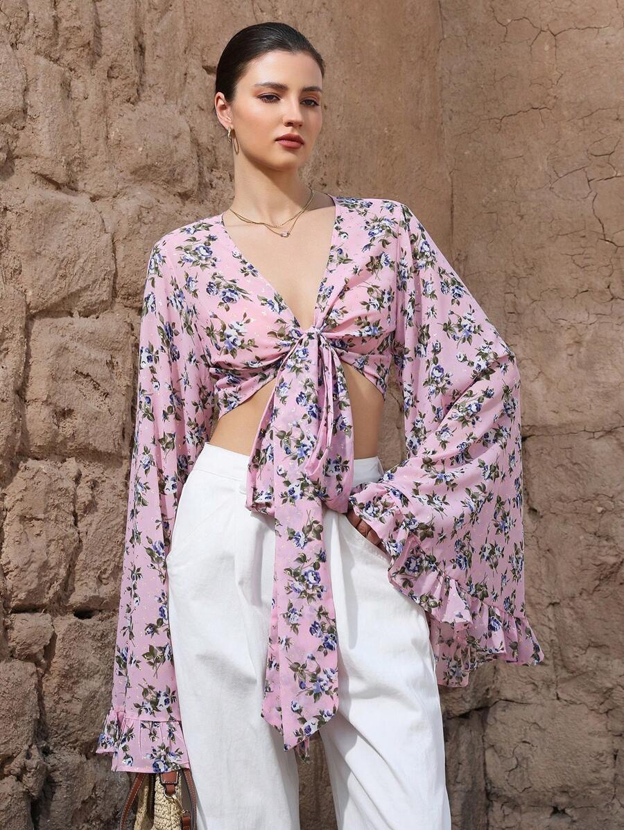 GENKIRA Italian Romantic V-Neck Tie-Front 2-Way Wear Ditsy Floral & Metallic Print Chiffon Ruffle Hem Cropped Women Shirt Fall Cloth For Women - Pink - View 1