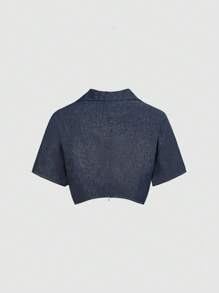 SHEIN EZwear V 领性感女式牛仔短袖短款上衣，蓝色 - 淺色水洗藍 - 查看 2