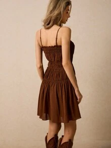 Poéselle 女式纯色褶皱单排扣吊带背心短裙、波西米亚风、女士夏季服装、女士度假服装、女士西部服装、女士演唱会服装、女士乡村服装、波西米亚风女装 - 棕色 - 查看 7