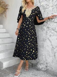 SHEIN Clasi Fashionable Golden Bead Decor Gathered Waist Slit Shoulder Dress, Unique And Elegant Dress Retro Style For Spring&Summer - Black - View 1