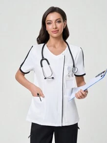 Scrubzie Anti-Wrinkle, Black And White Splice V-Neck Women's Scrub Uniform Top - Black and White - View 3