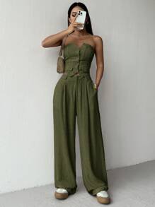 SHEIN EZwear 2pcs/Set Women Casual Solid Color Bandeau Top And Long Pants - Green - View 3