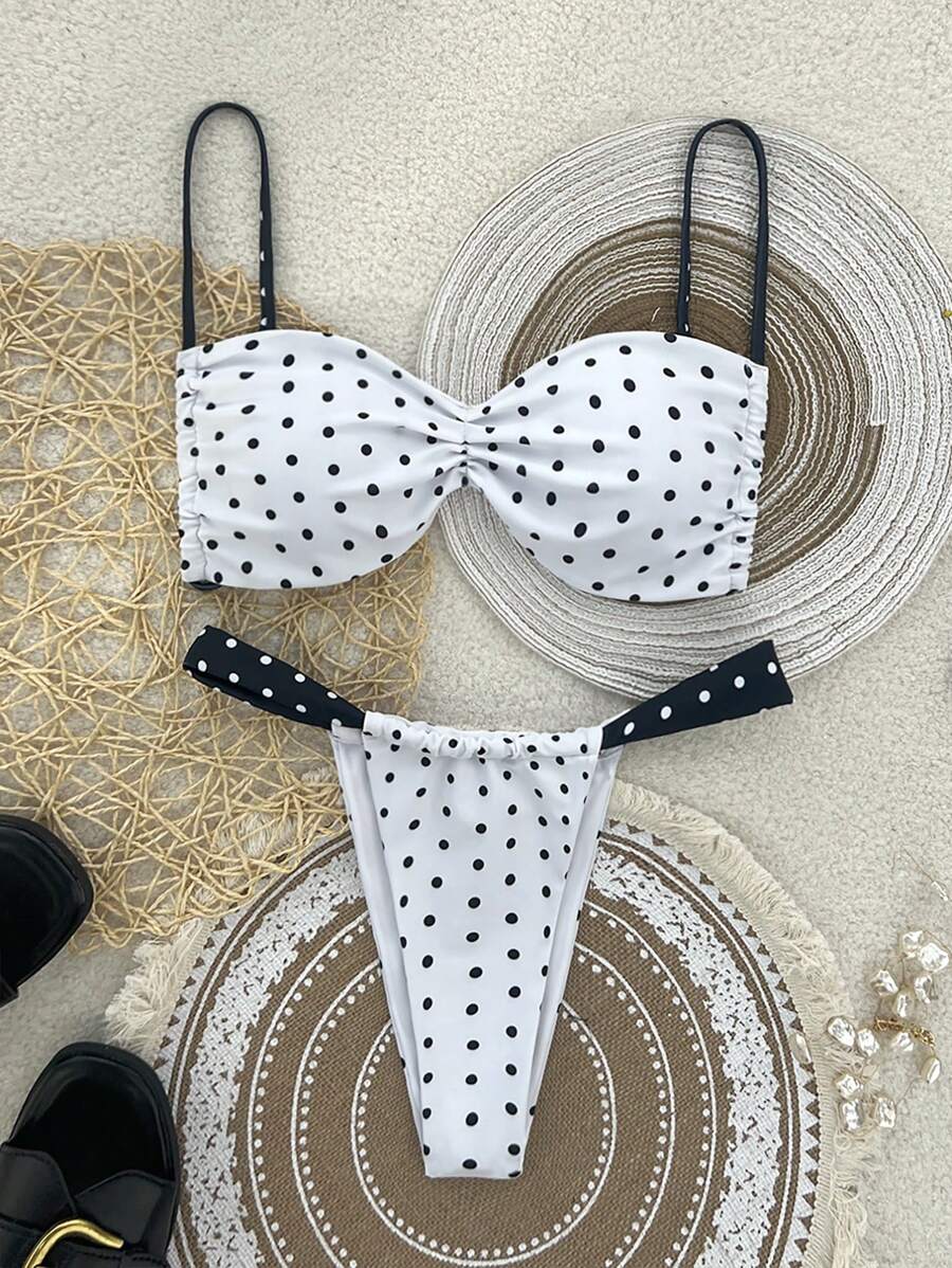 SHEIN Swim 女士夏季海滩度假波尔卡圆点印花褶皱比基尼两件套泳衣，随机印花 - 黑與白 - 查看 1