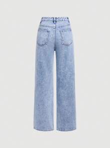 SHEIN Girlism Jeans rectos con estampado floral desteñido para chicas adolescentes de estilo casual - Blanco - Ver 2