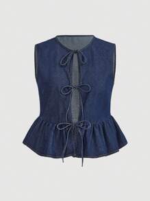 SHEIN MOD 大码牛仔夹克，休闲宽松系腰蝴蝶结装饰荷叶边，蓝色 - 深色水洗藍 - 查看 1