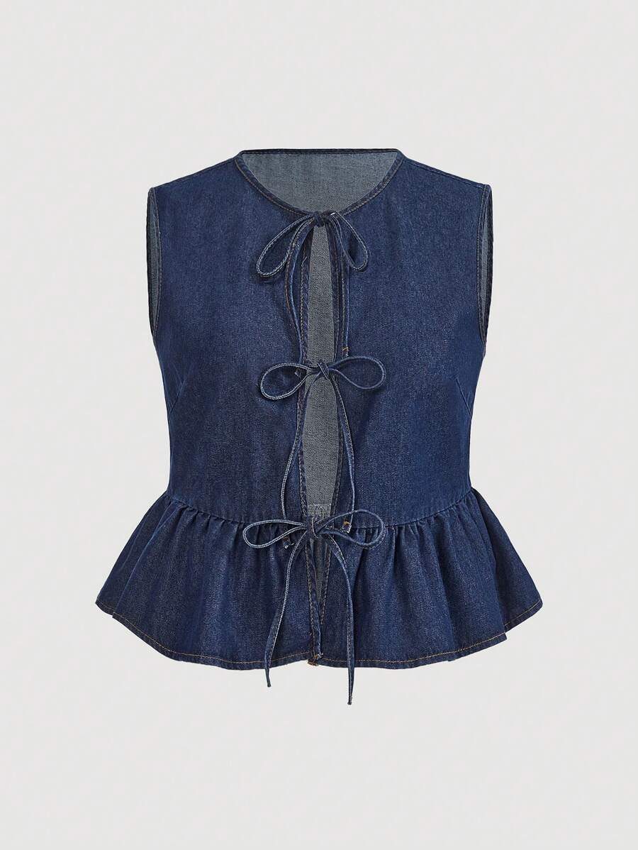 SHEIN MOD 大码牛仔夹克，休闲宽松系腰蝴蝶结装饰荷叶边，蓝色 - 深色水洗藍 - 查看 1