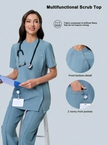Scrubzie 抗皱短袖立领长款护士服上衣
