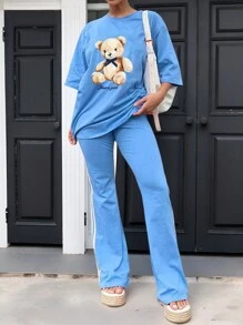 INAWLY Set de 2 piezas de mujer, camiseta azul casual con estampado de oso y pantalones