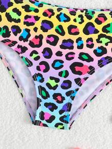 Young Girl 2pcs Ombre Leopard Print Swimwear Set (Set Print) - Multicolor - View 3