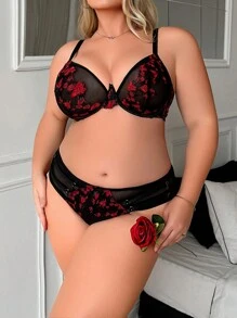 2pcs Plus Size Floral Embroidered Mesh Bra Set With Underwire Lingerie - Multicolor - View 1