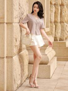 DAZY Women's Solid V-Neck Short Sleeve Single Breasted Casual Blazer Business Attire - Pink - View 6