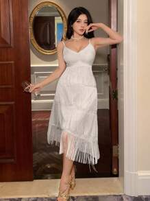 DAZY Vestido de mujer de longitud media con cuello en V sin mangas con flecos, vestido de fiesta, vestido de verano, vestido de graduación, vestido de cóctel - Beis - Ver 4