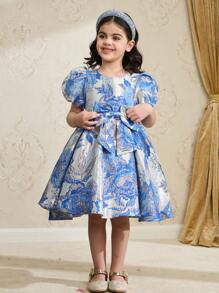 Girls Floral Jacquard Round Neck Puff Sleeve Cute Mini Dress - Blue - View 5