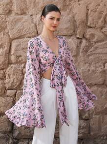 GENKIRA Italian Romantic V-Neck Tie-Front 2-Way Wear Ditsy Floral & Metallic Print Chiffon Ruffle Hem Cropped Women Shirt Fall Cloth For Women - Pink - View 5