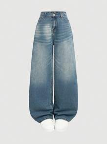 SHEIN Retro Blue & Yellow Denim Loose Wide Leg Pants For Teenage Girls - Dark Wash - View 1