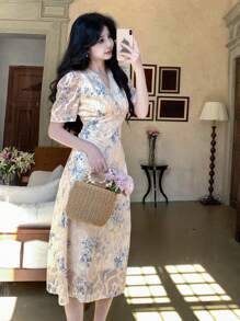 DAZY V领泡泡袖印花中长款女式连衣裙，适合度假和复活节穿着。 - 杏色 - 查看 3