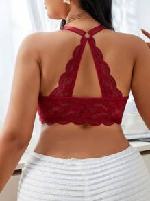 1pc Plus Size Lace Front Closure Lingerie Bralette - Burgundy - View 2