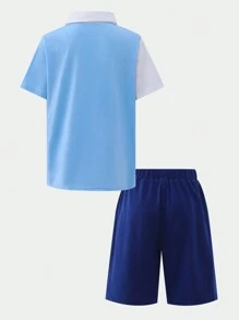 SHEIN 2pcs/Set Tween Boy Color Block Energetic Outfit Short Sleeve T-Shirt And Shorts Set, Suitable For Family Gatherings Or Outdoor Activities, Adding A Highlight To The Child - Multicolor - View 2
