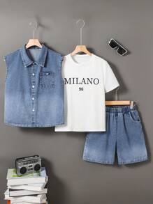 3pcs Boys Denim Blue Ombre Casual Vest Set With Denim Shorts And T-Shirt With "Milano" Letter Print, Spring/Summer Fashion New Set - Multicolor - View 5