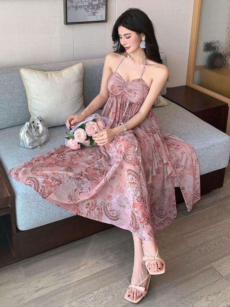 Midi Dress For Women With All Over Flower Print & Ruffle Hem, Sleeveless Cruise Outfit For Women Floral Boho