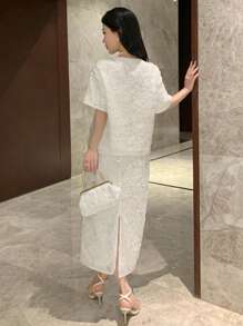 DAZY 2pcs Glitter Loose T-Shirt And Skirt Set For Women