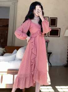 DAZY Women's Midi Ruffle Trim & Floral 3D Applique Halter Neck Dress Prom Dress,Casual Women Dresses,Fall Dress Long Sleeve Dress - Pink - View 4