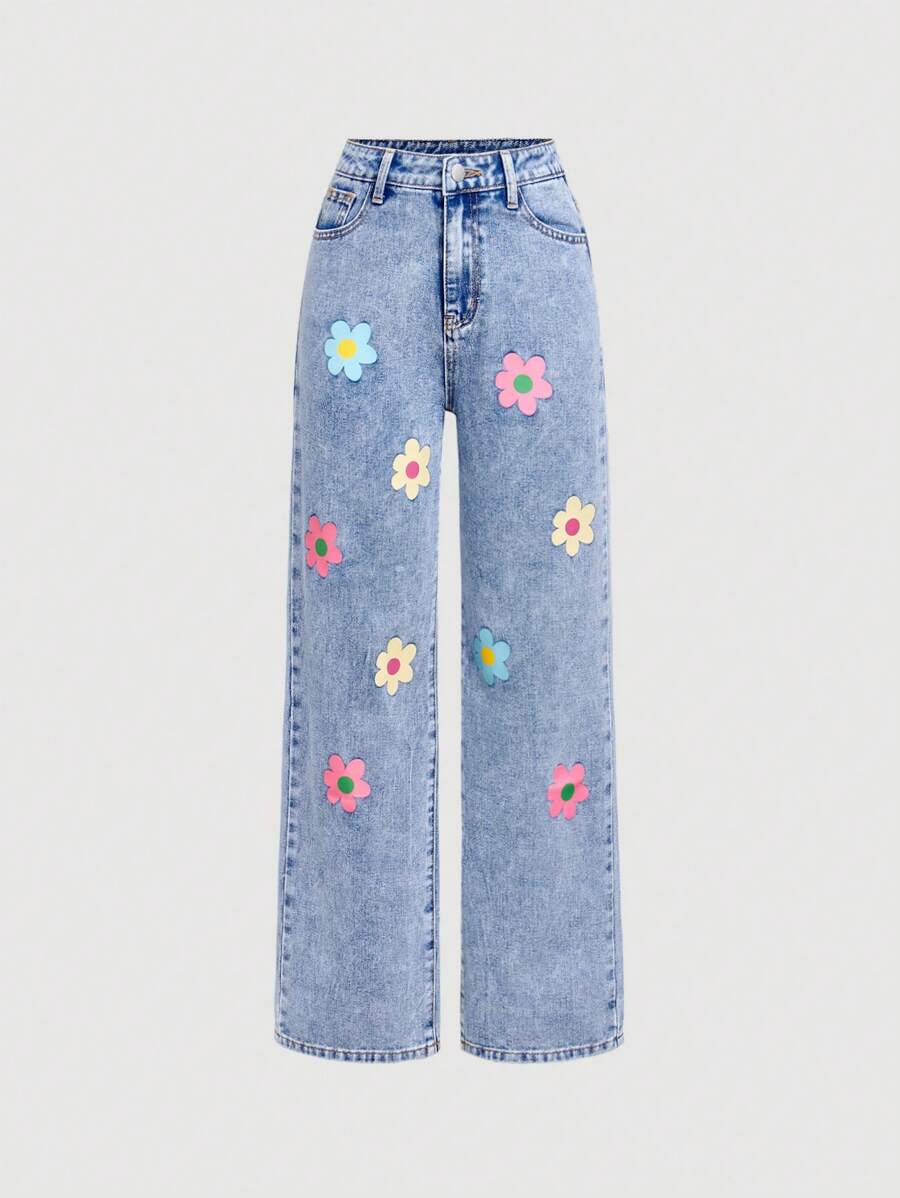 SHEIN Girlism Jeans rectos con estampado floral desteñido para chicas adolescentes de estilo casual - Blanco - Ver 1