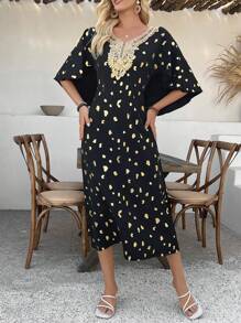 SHEIN Clasi Fashionable Golden Bead Decor Gathered Waist Slit Shoulder Dress, Unique And Elegant Dress Retro Style For Spring&Summer - Black - View 5