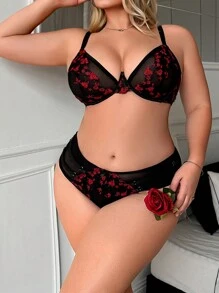 2pcs Plus Size Floral Embroidered Mesh Bra Set With Underwire Lingerie - Multicolor - View 4