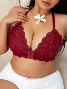 1pc Plus Size Lace Front Closure Lingerie Bralette - Burgundy - View 1