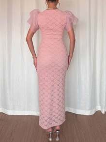 Chiquease 2pcs European And American Stylish Patchwork Ruffled Sleeve Fitted Lace Dress For Women, Random Flower Pattern, Spring/Summer - Pink - View 2