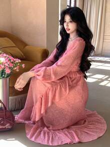 DAZY Women's Midi Ruffle Trim & Floral 3D Applique Halter Neck Dress Prom Dress,Casual Women Dresses,Fall Dress Long Sleeve Dress - Pink - View 7