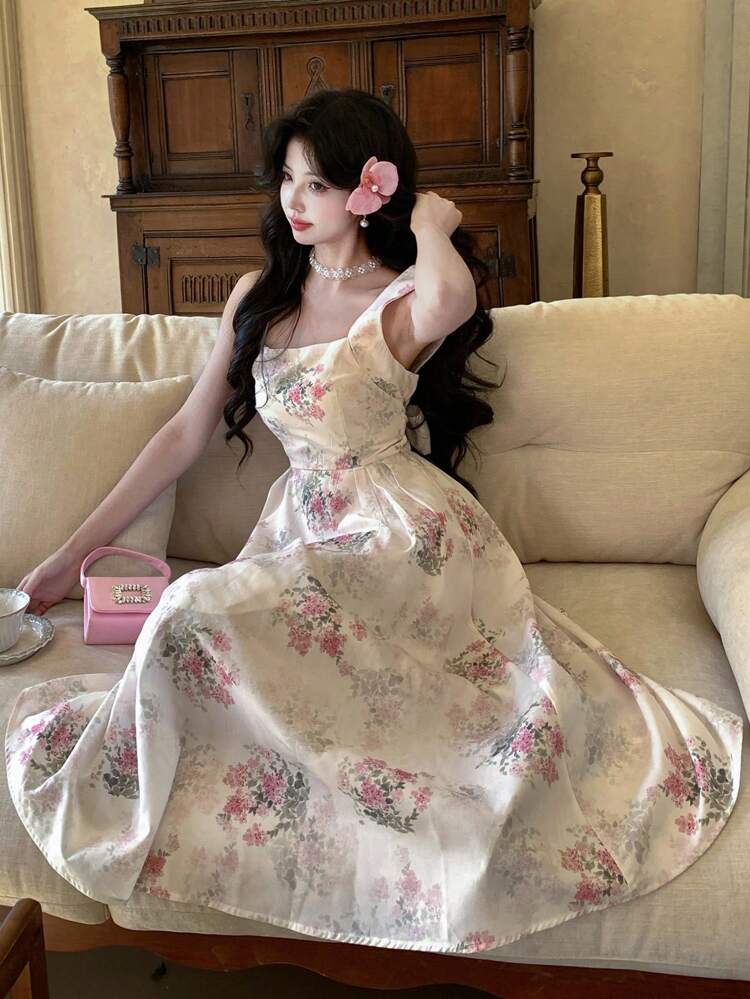 Sleeveless Floral Print Square Neck Midi Dress For Women Sundress Easter